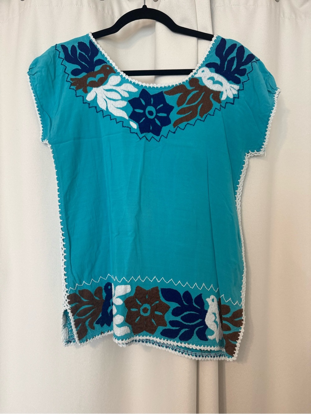 Silvia Suarez Traditional Textiles Embroidered Cap Sleeve Top in Blue